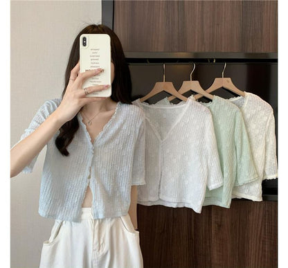 Short Sleeve Lace V-Neck Cardigan