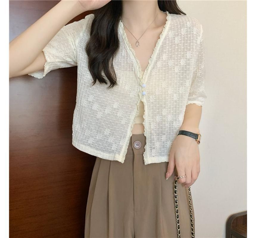 Short Sleeve Lace V-Neck Cardigan