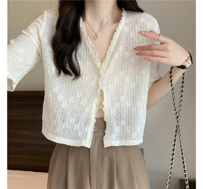 Short Sleeve Lace V-Neck Cardigan