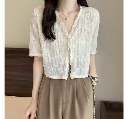 Short Sleeve Lace V-Neck Cardigan