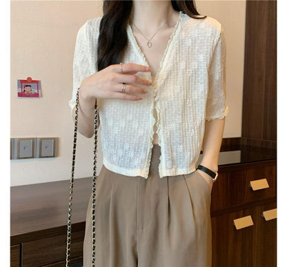 Short Sleeve Lace V-Neck Cardigan
