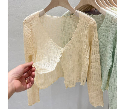 V-Neck Lettuce Edge Cropped Cardigan