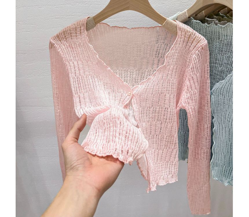 V-Neck Lettuce Edge Cropped Cardigan