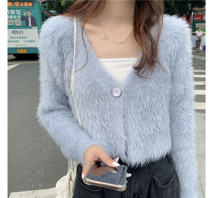 Fluffy V-Neck Crop Cardigan