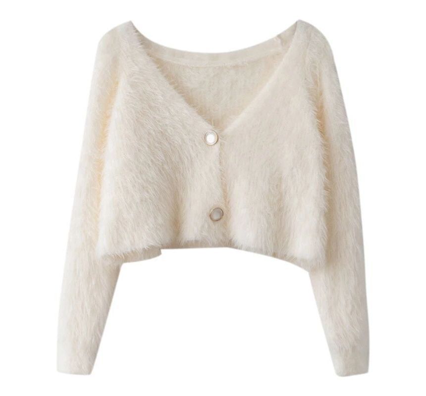 Fluffy V-Neck Crop Cardigan