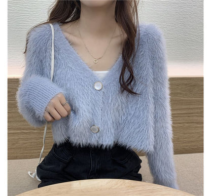 Fluffy V-Neck Crop Cardigan