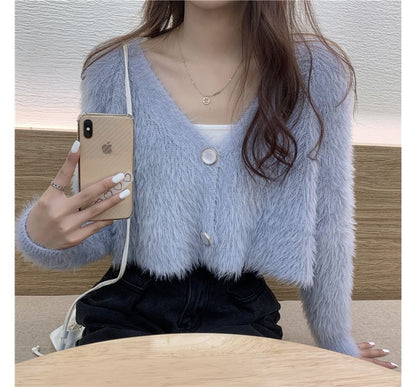 Fluffy V-Neck Crop Cardigan