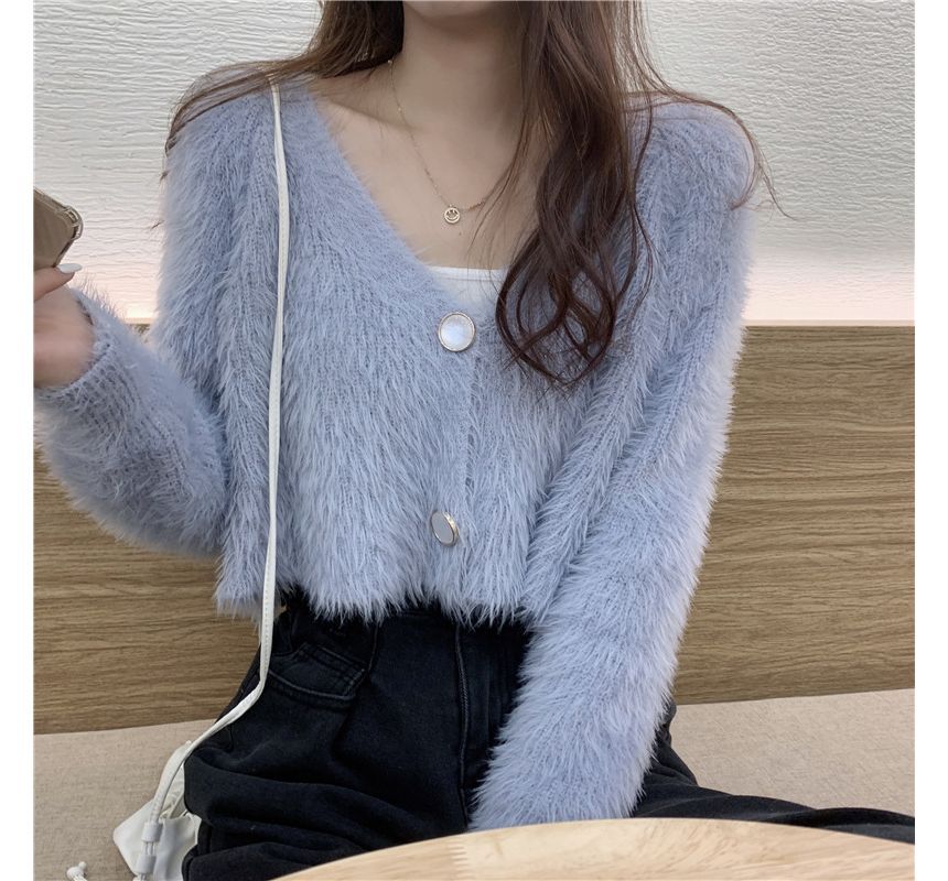 Fluffy V-Neck Crop Cardigan