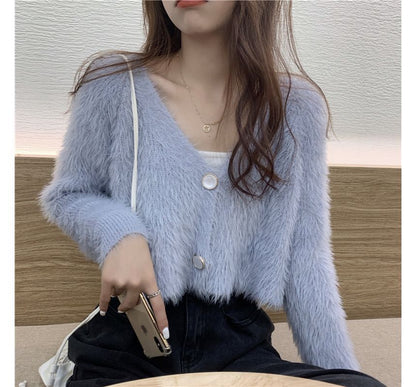 Fluffy V-Neck Crop Cardigan