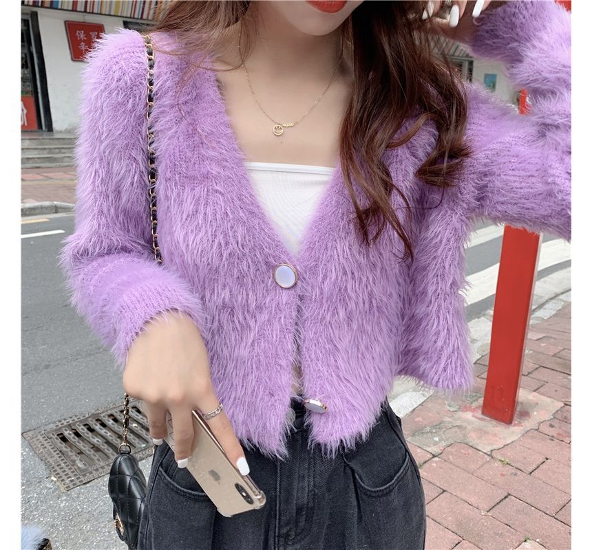 Fluffy V-Neck Crop Cardigan