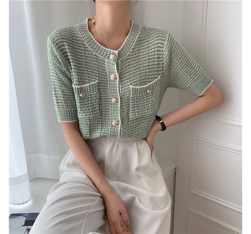 Short Sleeve Crew Neck Striped Cardigan