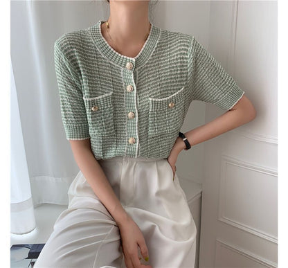 Short Sleeve Crew Neck Striped Cardigan