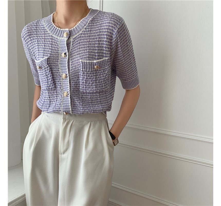 Short Sleeve Crew Neck Striped Cardigan