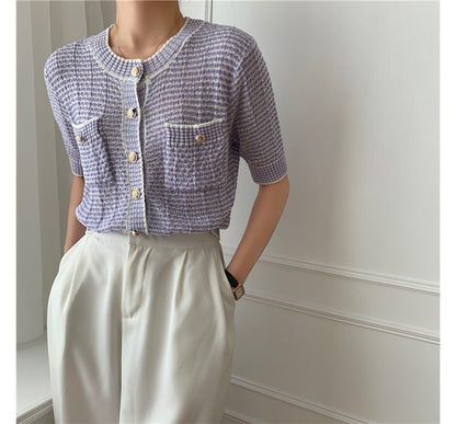 Short Sleeve Crew Neck Striped Cardigan