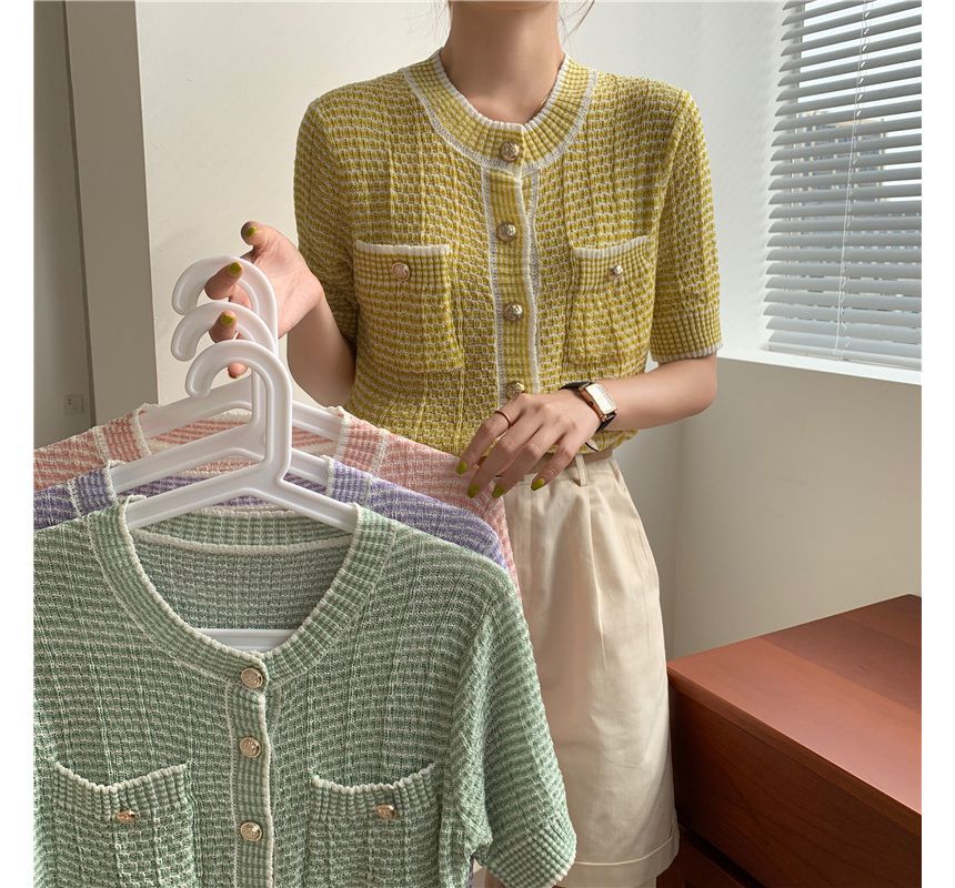 Short Sleeve Crew Neck Striped Cardigan