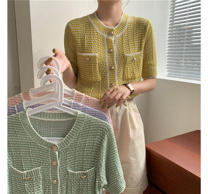 Short Sleeve Crew Neck Striped Cardigan