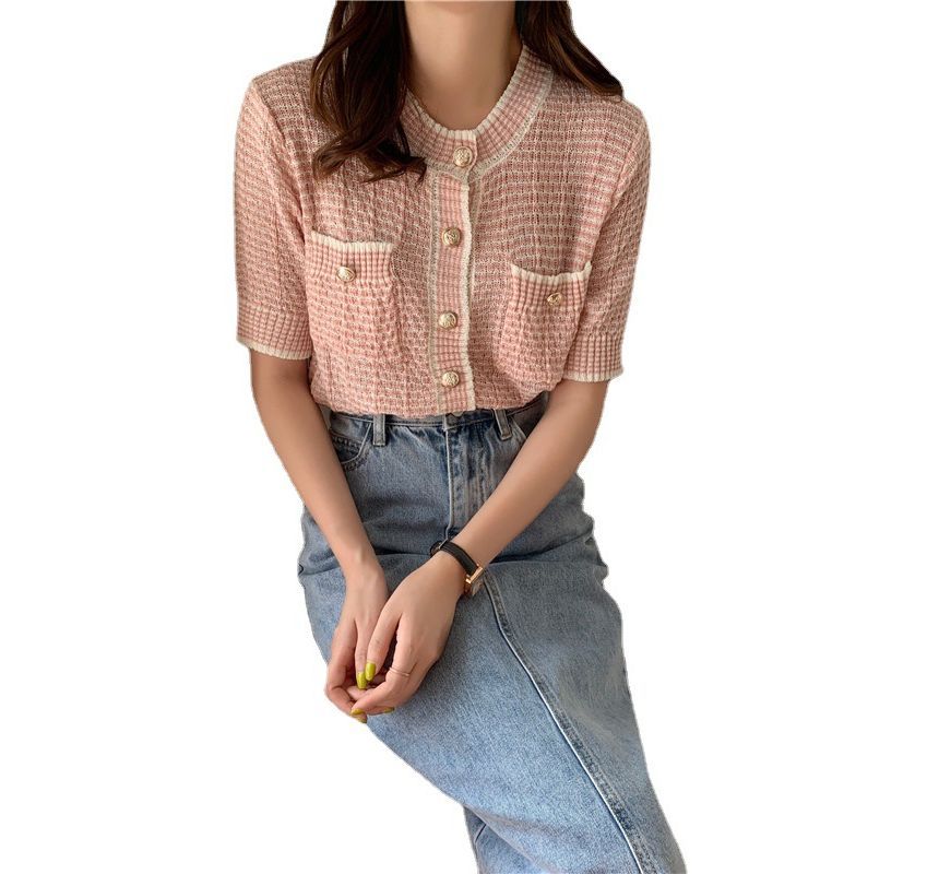 Short Sleeve Crew Neck Striped Cardigan