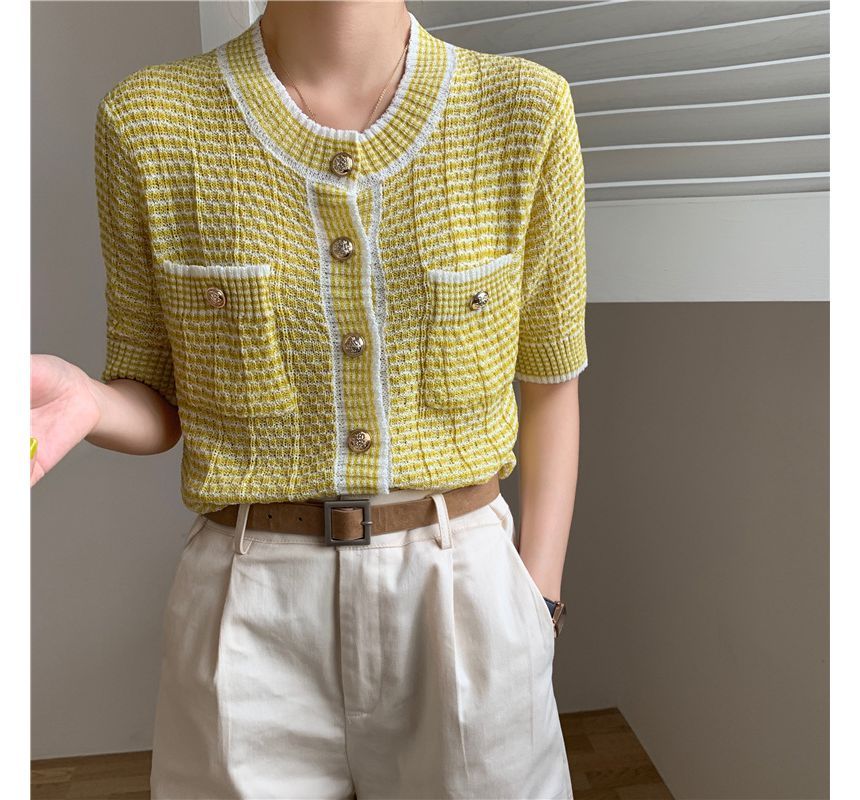 Short Sleeve Crew Neck Striped Cardigan