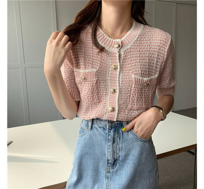 Short Sleeve Crew Neck Striped Cardigan