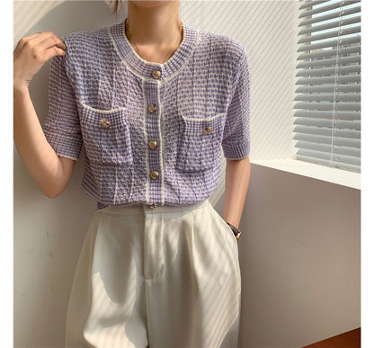 Short Sleeve Crew Neck Striped Cardigan