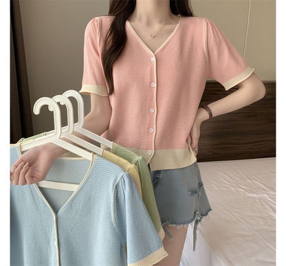 Short Sleeve Two Tone V-Neck Cardigan