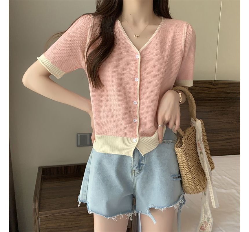 Short Sleeve Two Tone V-Neck Cardigan