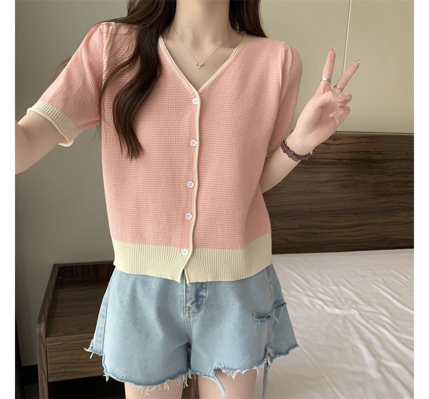 Short Sleeve Two Tone V-Neck Cardigan