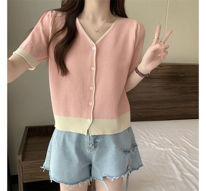Short Sleeve Two Tone V-Neck Cardigan