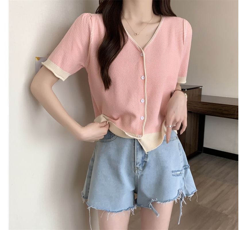Short Sleeve Two Tone V-Neck Cardigan
