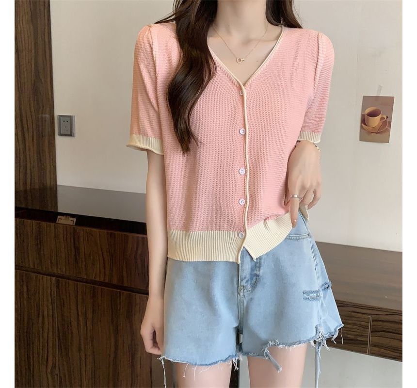 Short Sleeve Two Tone V-Neck Cardigan