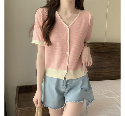 Short Sleeve Two Tone V-Neck Cardigan