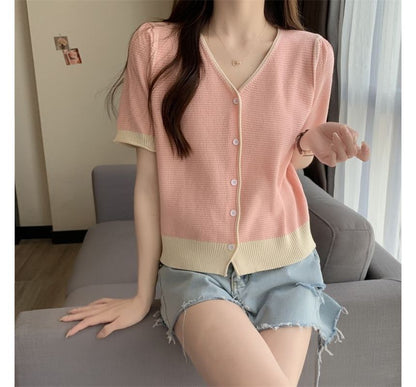 Short Sleeve Two Tone V-Neck Cardigan