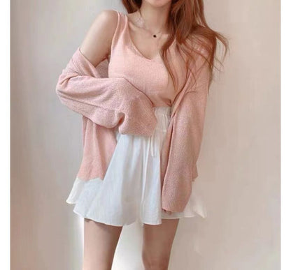 Set: V-Neck Crop Knit Tank & Cardigan