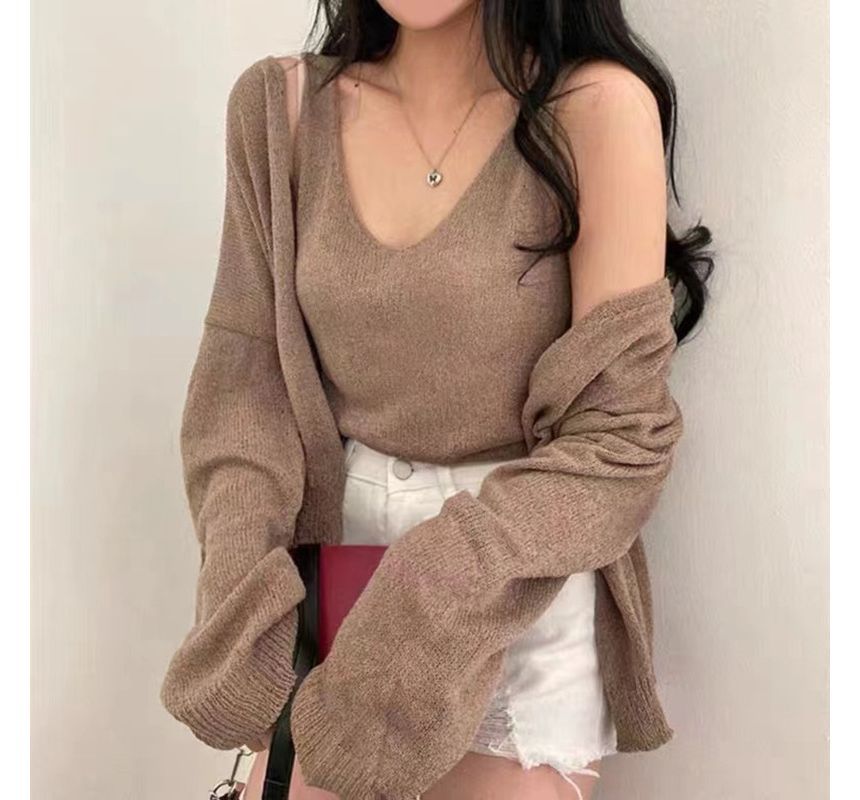 Set: V-Neck Crop Knit Tank & Cardigan