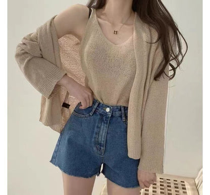 Set: V-Neck Crop Knit Tank & Cardigan