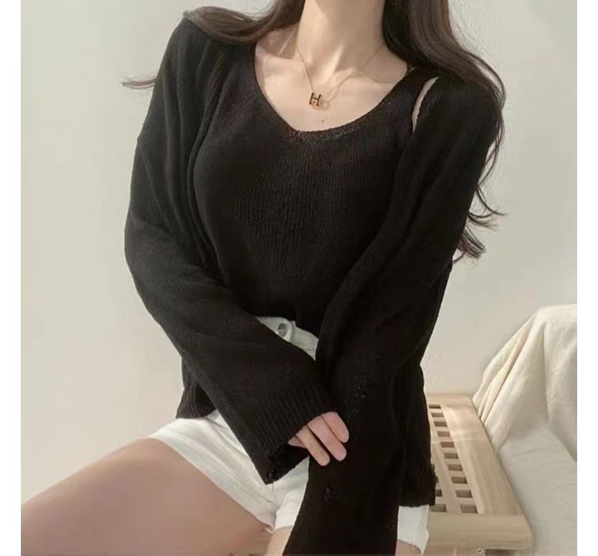 Set: V-Neck Crop Knit Tank & Cardigan