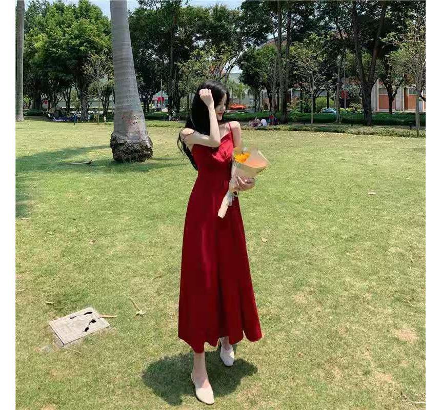 Thin Strap Wrap Midi A-Line Dress