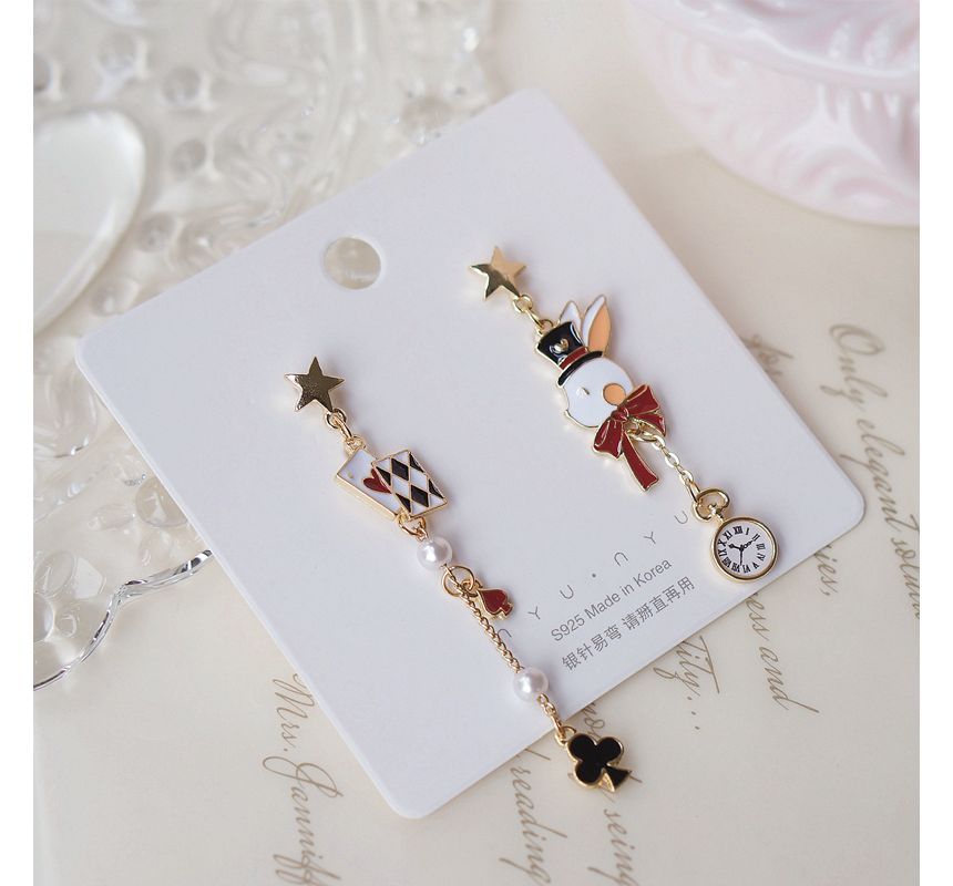 Rabbit Asymmetrical Poker Earring Drop Enamel Clip On /