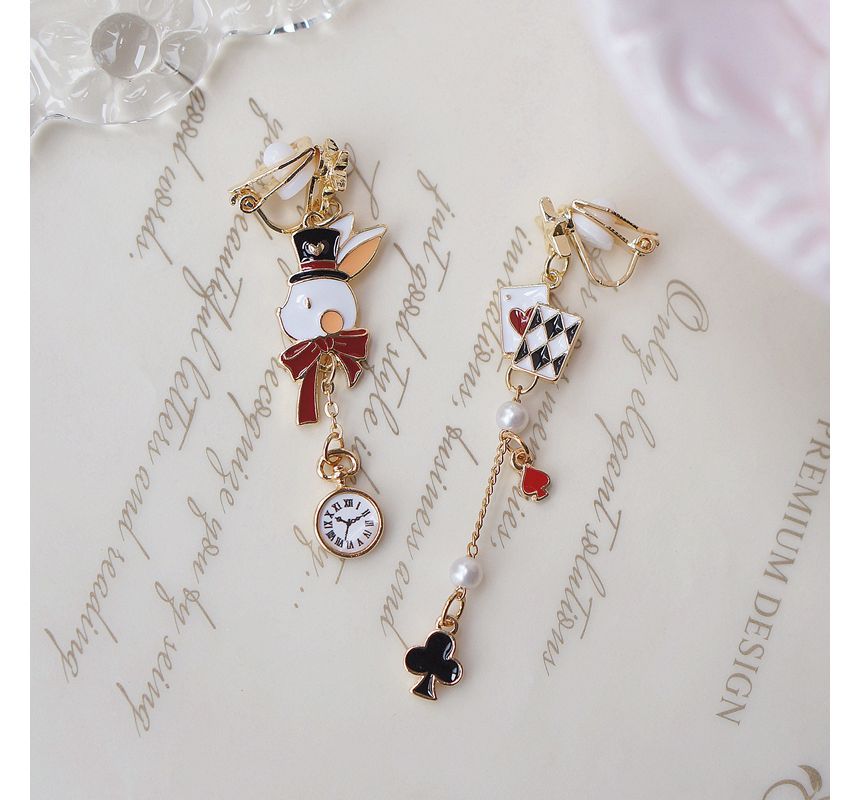Rabbit Asymmetrical Poker Earring Drop Enamel Clip On /