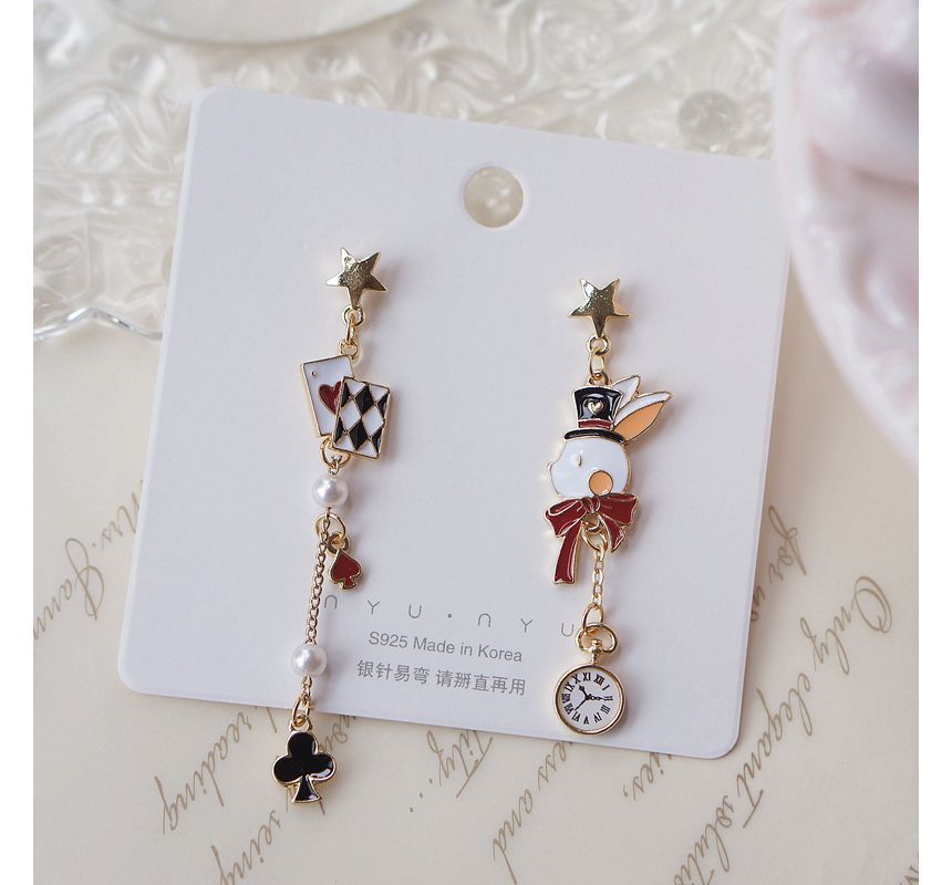 Rabbit Asymmetrical Poker Earring Drop Enamel Clip On /