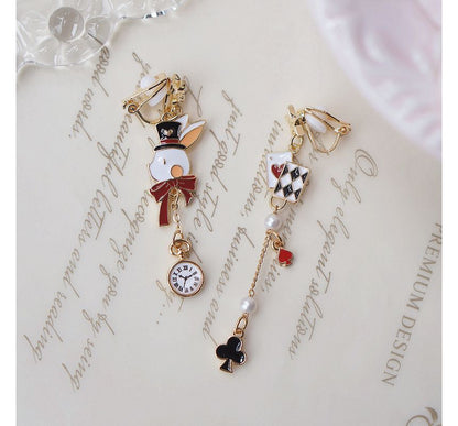 Rabbit Asymmetrical Poker Earring Drop Enamel Clip On /