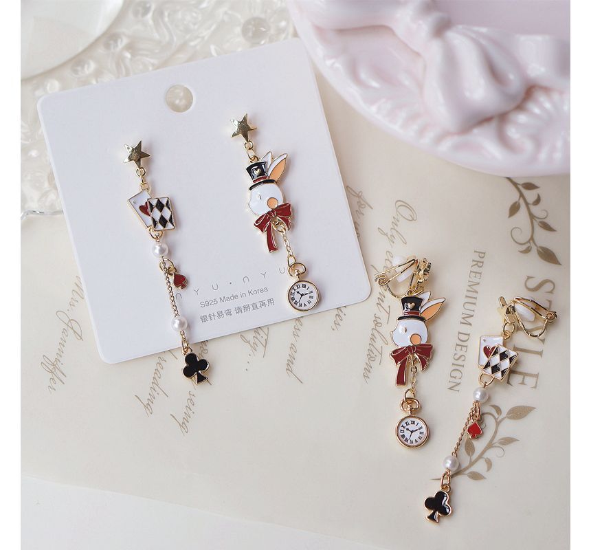 Rabbit Asymmetrical Poker Earring Drop Enamel Clip On /