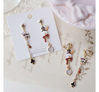 Rabbit Asymmetrical Poker Earring Drop Enamel Clip On /