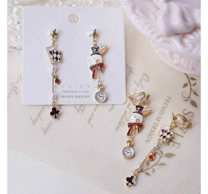 Rabbit Asymmetrical Poker Earring Drop Enamel Clip On /