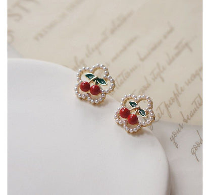 Earring Cherry / Clip Flower Faux Stud Pearl On