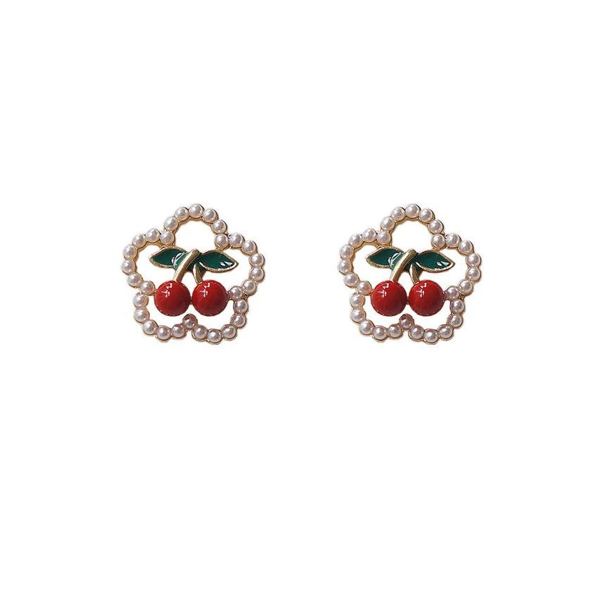Earring Cherry / Clip Flower Faux Stud Pearl On