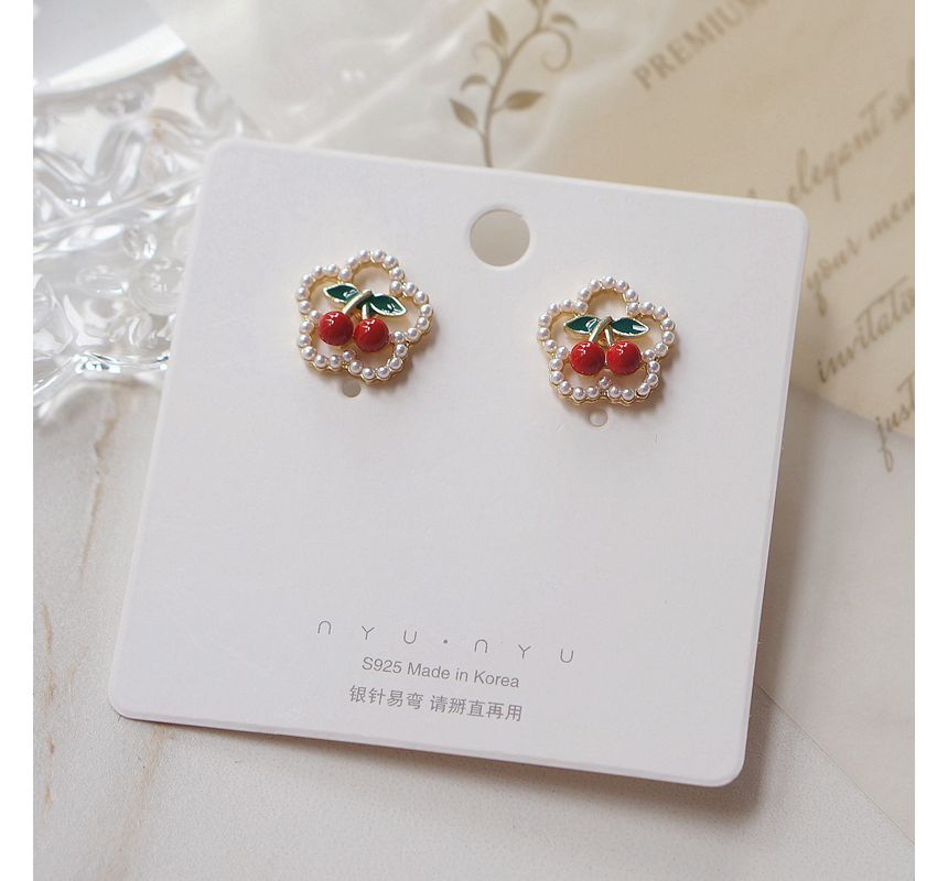 Earring Cherry / Clip Flower Faux Stud Pearl On