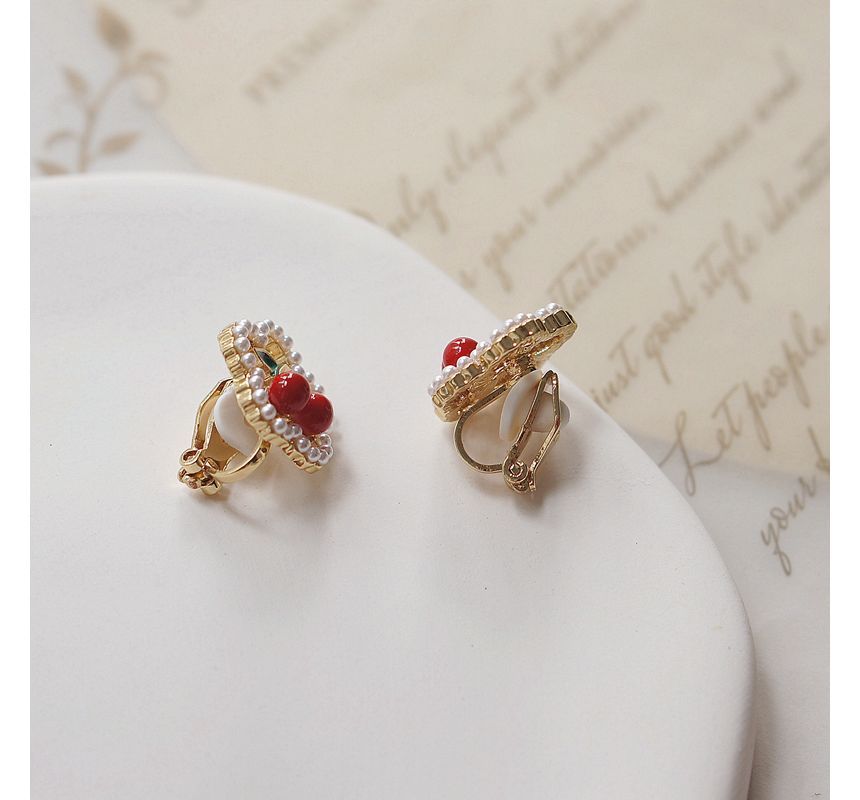 Earring Cherry / Clip Flower Faux Stud Pearl On