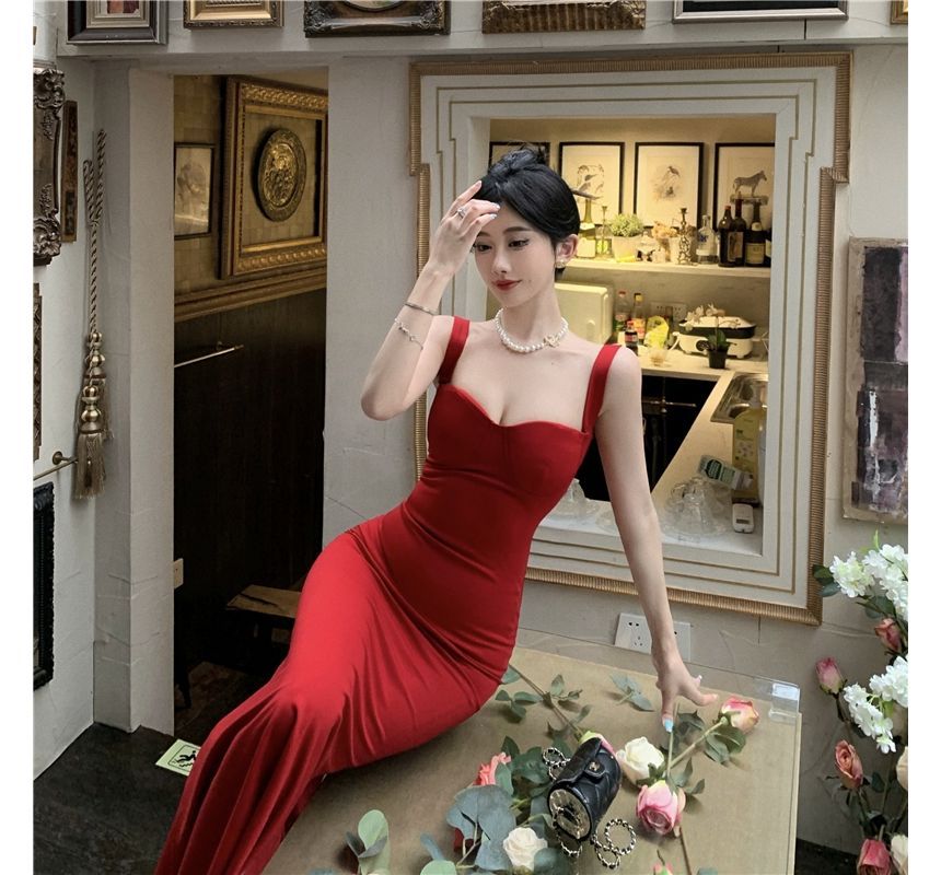 Thin Strap V-Neck Maxi Sheath Dress