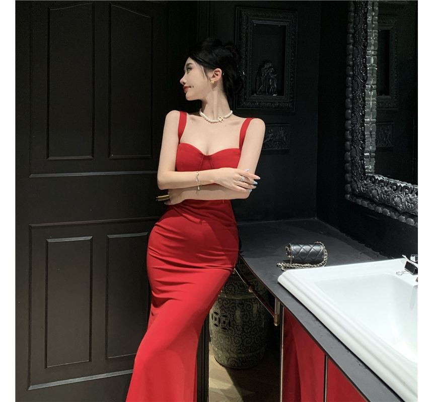 Thin Strap V-Neck Maxi Sheath Dress
